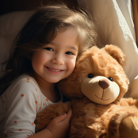 Cute little girl with teddy bear in bed at home.の素材