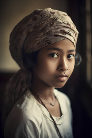 Portrait of a beautiful girl in a turban on her headの素材