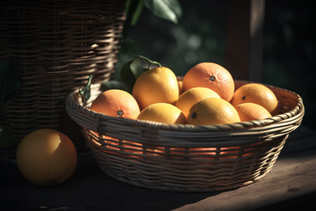 Lemons and oranges in a basket on a wooden table.の素材