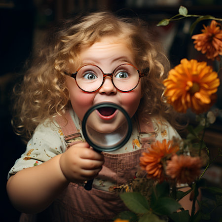 Cute little girl with magnifying glass and flowers at home.の素材