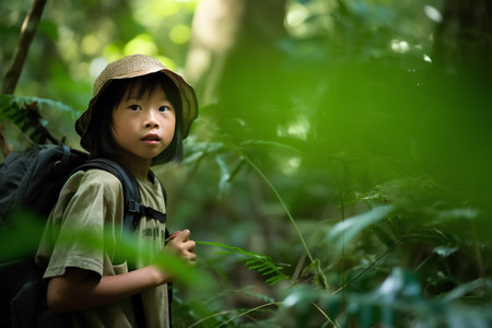 little asian girl hiking in the forest with backpack and straw hatの素材