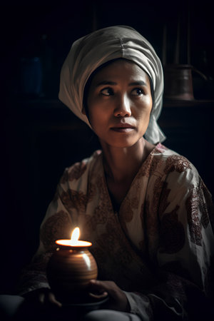 Asian woman in a bathrobe with a candle in her hand.の素材