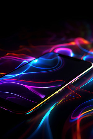 Smartphone with abstract neon lines on black background. 3d illustrationの素材