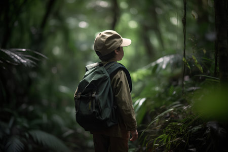 Traveler with backpack standing in the jungle and looking at the natureの素材