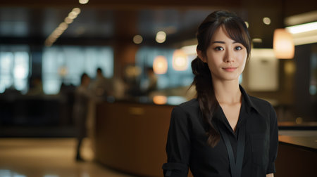 Portrait of a beautiful asian businesswoman standing in office lobbyの素材