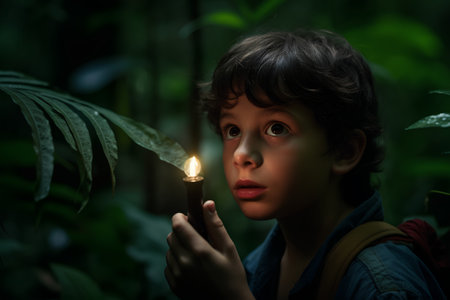 Portrait of a young girl with a candle in the forest.の素材