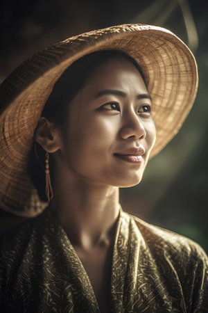Portrait of a beautiful asian woman wearing a straw hat.の素材
