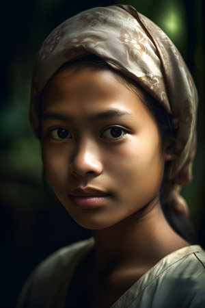 Portrait of a beautiful Asian girl wearing a headscarf.の素材