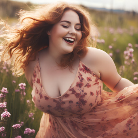 Beautiful redhead girl in a field of flowers at sunset.の素材