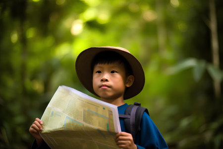 Portrait of Asian boy with backpack and map in the forest.の素材
