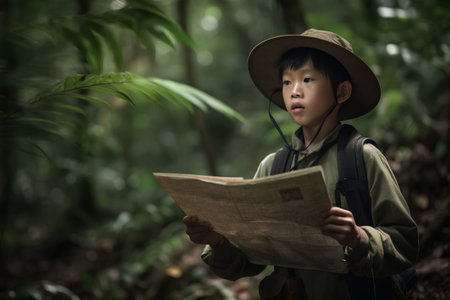 Asian boy wearing a hat and backpack reading a map in the forestの素材