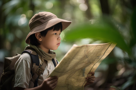 Little asian boy with backpack and map in the forest background.の素材