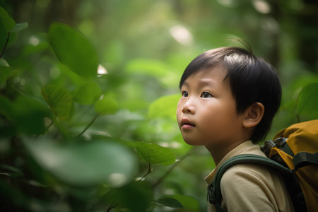 Cute asian boy with backpack in the green forest, selective focusの素材