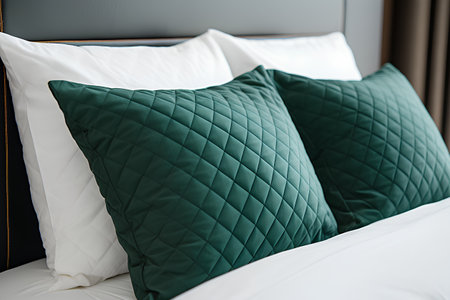 Close up of green pillows on bed in modern bedroom, interior design conceptの素材