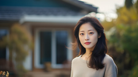 Portrait of a beautiful asian woman in the garden at sunsetの素材