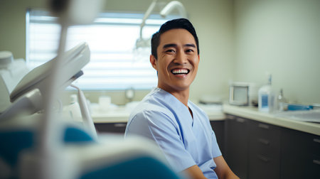 Smiling asian male patient sitting in dental chair at dentist officeの素材