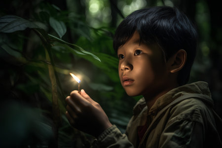 Portrait of asian boy holding a candle in the forest.の素材