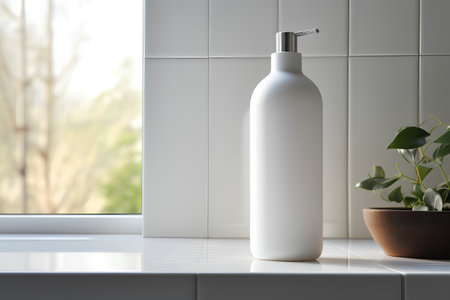 3d render of cosmetic bottle on white marble countertop with plant.の素材