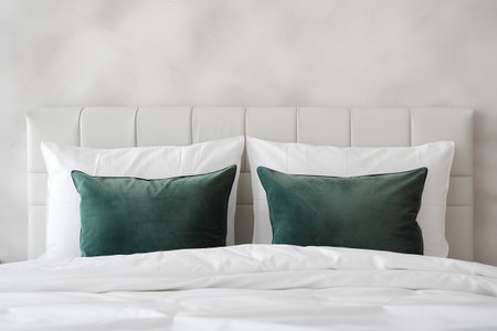 White and green pillows on bed in modern bedroom. 3d renderの素材