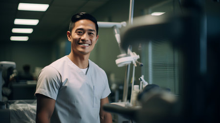 Portrait of smiling young Asian male doctor looking at camera while standing in dental officeの素材