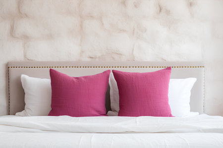 Pink pillows on bed decoration in bedroom interior - Vintage Light Filterの素材