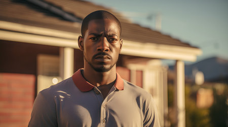 Portrait of young african american man wearing polo shirt outdoors.の素材