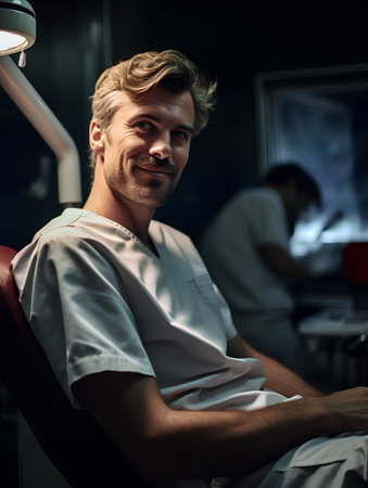 Portrait of a smiling male doctor sitting in a dental chair.の素材