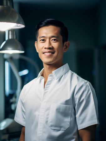 Portrait of smiling Asian male dentist looking at camera in dental clinicの素材