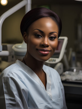 Portrait of a young african american woman in a dental clinicの素材