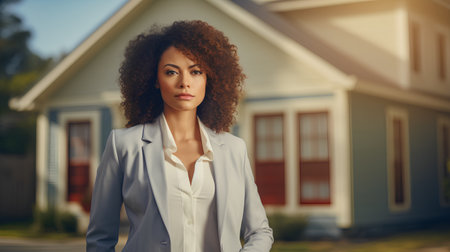 Beautiful african american woman with afro hairstyle in white suit standing in front of houseの素材