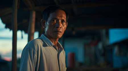 Portrait of an elderly Asian man looking at the camera in the evening.の素材