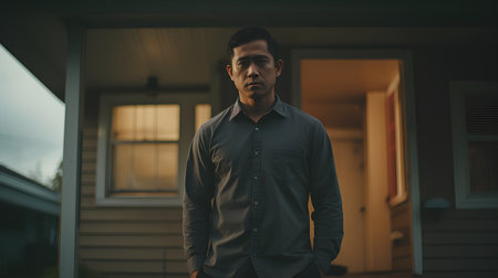 Young handsome Asian man in a black shirt standing in front of his house.の素材