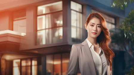 Beautiful asian businesswoman standing in front of office building.の素材