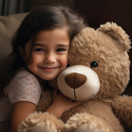 Cute little girl with teddy bear at home, closeupの素材