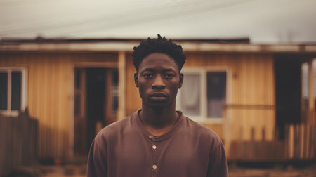 Portrait of young african american man in front of his houseの素材