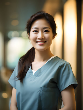 portrait of a smiling female nurse in a hospital. asianの素材