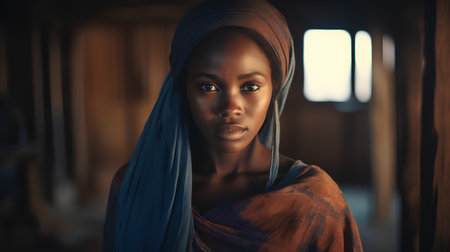 Portrait of a beautiful young African woman in a blue shawlの素材