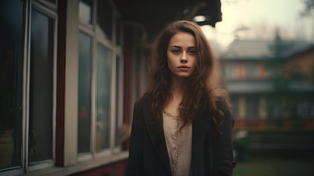 Portrait of a beautiful girl in a coat on the street.の素材
