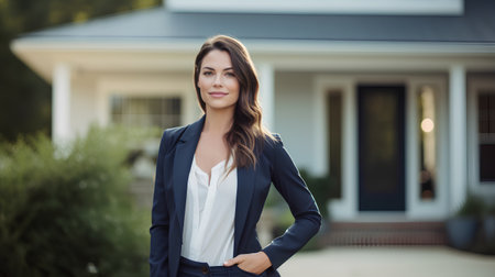 Portrait of a young business woman standing in front of her new houseの素材