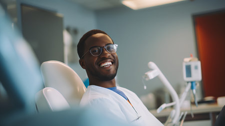 Portrait of happy african american male dentist in dental officeの素材