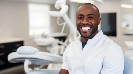 Portrait of happy african american male dentist in dental clinicの素材