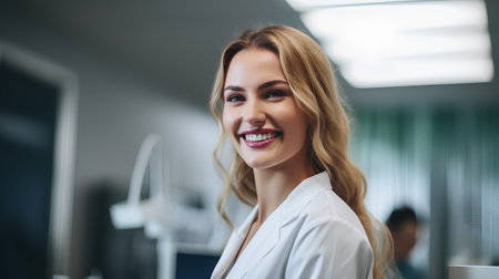 Portrait of a smiling businesswoman looking at camera in office.の素材