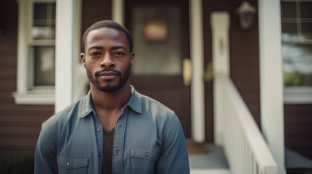 Portrait of handsome african american man with beard standing in front of houseの素材