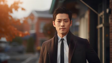 Portrait of a handsome young asian man in a suit on the streetの素材