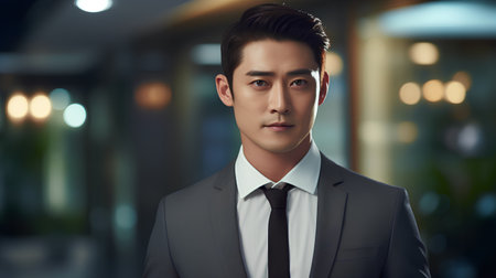Portrait of a young handsome asian businessman in black suit and tie.の素材