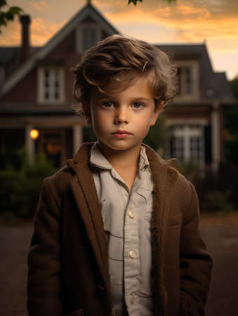Portrait of a cute little boy in a coat against the background of a beautiful houseの素材