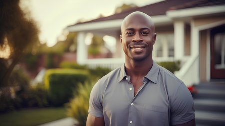 Portrait of handsome African American man in front of his new houseの素材