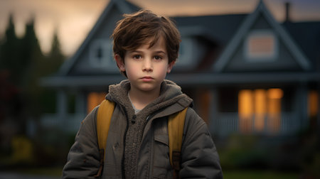 A portrait of a young boy with a backpack standing in front of his house.の素材