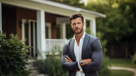 Portrait of a handsome young businessman standing with arms crossed outdoors.の素材