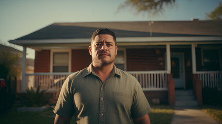 Portrait of a handsome man with a beard and mustache standing in front of a house.の素材